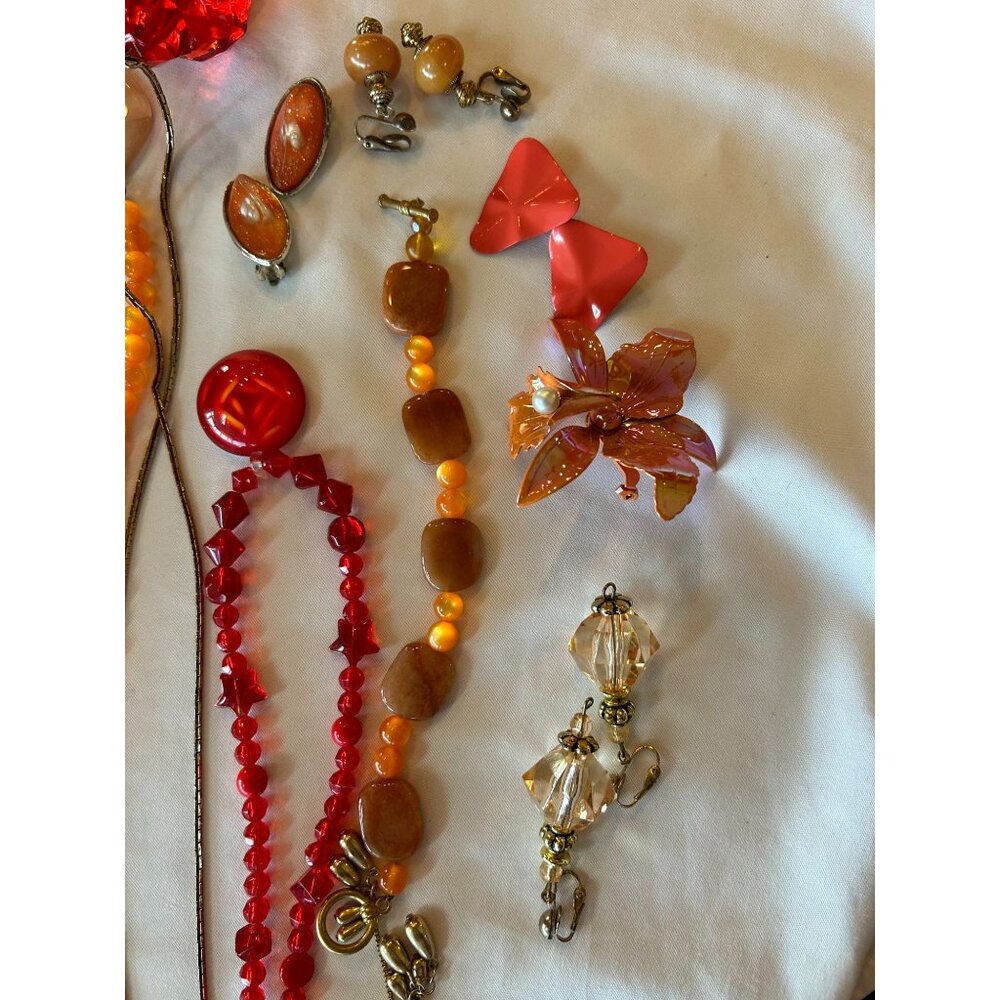 Vintage Red & Orange Beaded Necklace, Bracelet & Clip Earrings Jewelry Lot #2 - - Picture 5 of 5